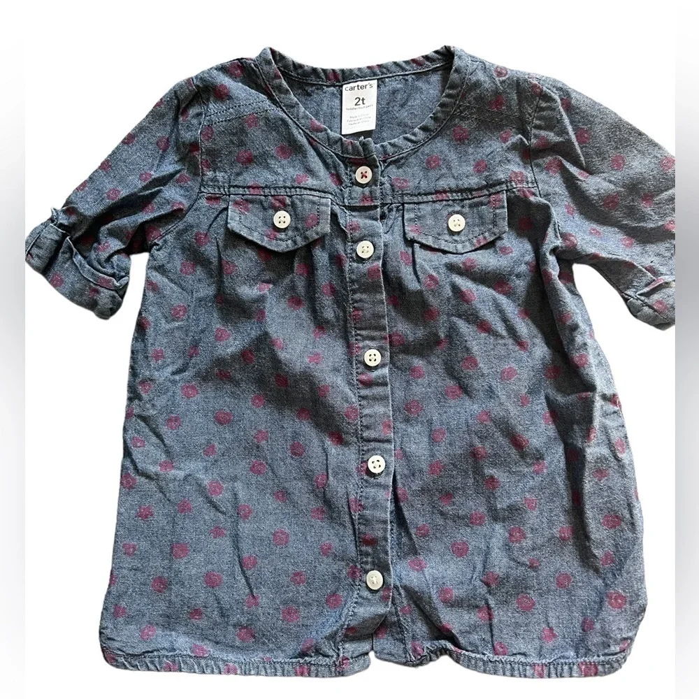 2T Carter’s denim cotton button down blouse w/ pink roses & 2 front pockets